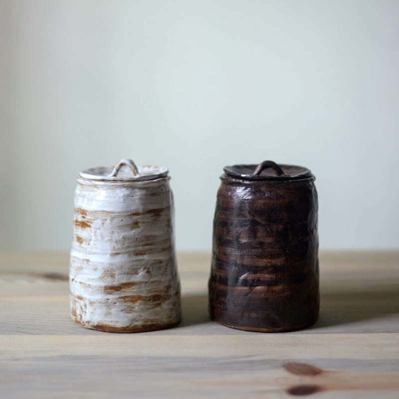 Handcrafted Ancient Pottery-Inspired Tea Caddy in White and Black