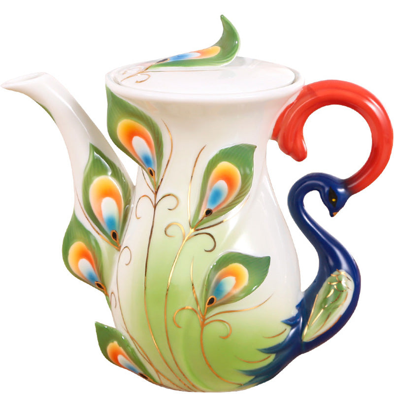 Deléitese con una elegancia sin igual: Hervidores de porcelana de hueso hechos a mano en flor de peonía y majestuosos diseños de pavo real